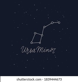 Ursa Menor. Las constelaciones firman sobre el fondo negro. Estrellas de astronomía. Signo zodiaco. Doodle dibujado a mano celestial, letra a mano nombre de estrellas zodiac. 