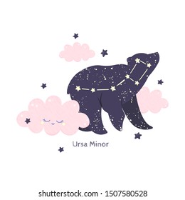 Ursa minor. Little Bear constellation in the night starry sky. Vector illustration