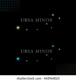 Ursa Minor Logo with Authentic Star Symbols - Grey Letters with Natural Colors and Orange Relief Glossy Objects on Black Background with Star Symbol Decor Elements - Gradient and Flat Mixed Graphic