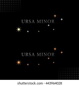 Ursa Minor Logo with Authentic Star Symbols - Grey Letters with Natural Colors and Orange Relief Glossy Objects on Black Background with Star Symbol Decor Elements - Gradient and Flat Mixed Graphic