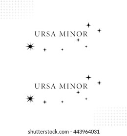 Logotipo Ursa Menor con auténticos símbolos de estrella - Letras y objetos negros sobre fondo blanco con elementos decorativos de símbolo de estrella - Ilustración gráfica de contraste plano