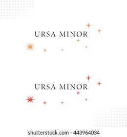 Ursa Minor Logo with Authentic Star Symbols - Black Letters with Orange and Red Relief Glossy Objects on White Background with Star Symbol Decor Elements - Gradient and Flat Mixed Graphic