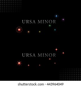 Ursa Minor Logo with Authentic Star Symbols - Grey Letters with Colored Rainbow  and Red Relief Glossy Objects on Black Background with Star Symbol Decor Elements - Gradient and Flat Mixed Graphic
