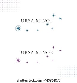Ursa Minor Logo with Authentic Star Symbols - Black Letters with Turquoise and Purple Relief Glossy Objects on White Background with Star Symbol Decor Elements - Gradient and Flat Mixed Graphic