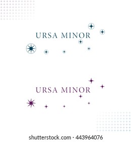 Ursa Minor Logo with Authentic Star Symbols - Dark Turquoise and Dark Purple Letters and Objects on White Background with Star Symbol Decor Elements - Flat Contrast Graphic Illustration