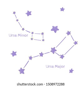 Ursa minor and Ursa Major. Little Bear constellation in the night starry sky. Vector illustration