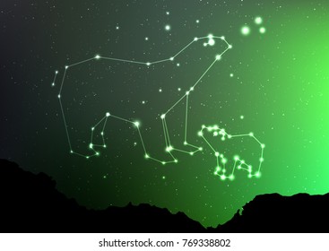 Ursa Minor and Major on nigt sky with forest landscape. Bear in shiny constellation and star poligon in northern hemisphere with Northern Lights. Starry minor and major Ursa