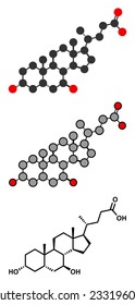 Ursodiol (ursodeoxycholic acid, UDCA) gallstone treatment drug molecule. Conventional skeletal formula and stylized representations. 