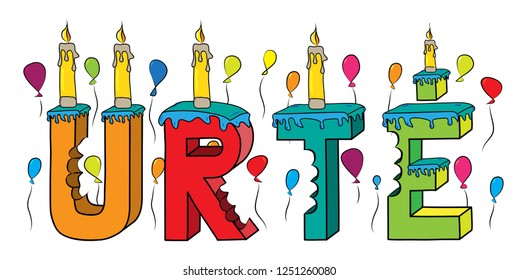 Urte female first name bitten colorful 3d lettering birthday cake with candles and balloons.