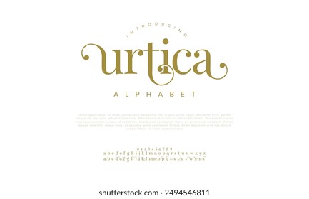 Urtica swash luxury elegant alphabet letters and numbers. Vintage wedding typography classic serif font decorative vintage retro. creative vector illustration