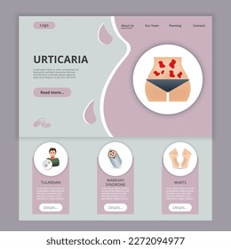 Plantilla del sitio web de la página de aterrizaje plana de Urticaria. Tularemia, síndrome de warkany, verrugas. Banner web con encabezado, contenido y pie de página. Ilustración vectorial.