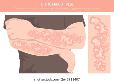 Urticária. Urticária. Doenças da pele. Design de infográfico médico. Ilustração vetorial