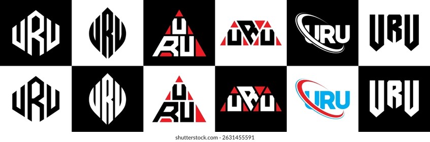 URU carta logotipo design em seis estilo. Polígono URU, círculo, triângulo, hexágono, estilo simples e plano com logotipo de letra de variação de cor preto e branco definido em uma prancheta. Logotipo minimalista e clássico da URU