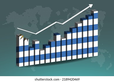 Uruguay 3D bar chart graph with ups and downs, increasing values, Uruguay country flag on 3D bar graph, upward rising arrow on data, news banner idea, developing country concept