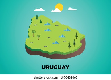 Uruguay 3d isometric map with topographic details mountains, trees and soil vector illustration design