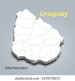 Uruguay 3d map with borders of regions and it’s capital