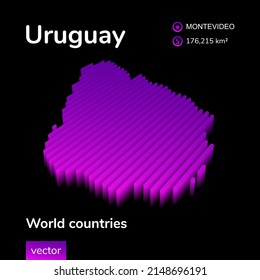 Uruguay 3D map. Stylized neon simple digital isometric striped vector Map of Uruguay is in violet colors on black background. Educational banner