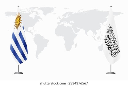Uruguay and Afghanistan flags for official meeting against background of world map.