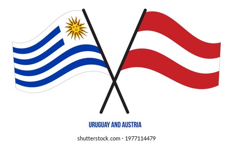 Uruguay and Austria Flags Crossed And Waving Flat Style. Official Proportion. Correct Colors.