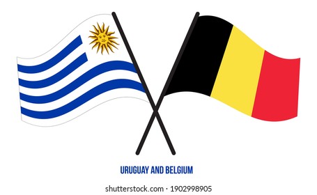 Uruguay and Belgium Flags Crossed And Waving Flat Style. Official Proportion. Correct Colors.