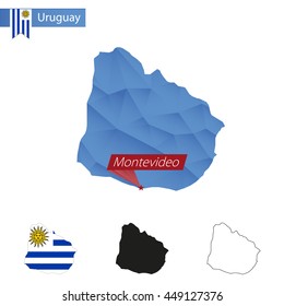 Uruguay blue Low Poly map with capital Montevideo, four versions of map. Vector Illustration.