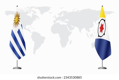 Uruguay and Bonaire flags for official meeting against background of world map.