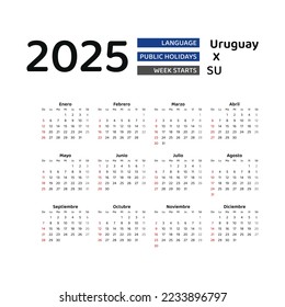 Uruguay Calendar 2025. Week starts from Sunday. Vector graphic design. Spanish language.