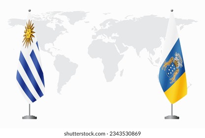 Uruguay and Canary Islands flags for official meeting against background of world map.