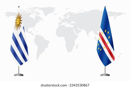 Uruguay and Cape Verde flags for official meeting against background of world map.