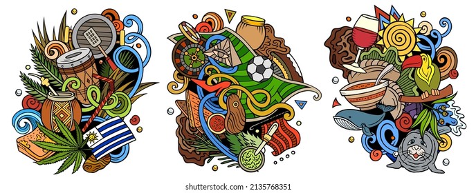 Uruguay cartoon vector doodle designs set. Colorful detailed compositions with lot of traditional symbols. Isolated on white illustrations