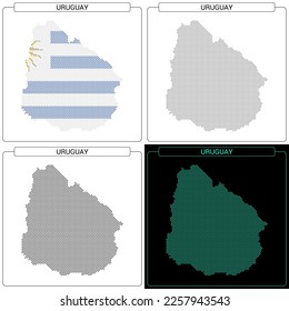 Uruguay Circular Mosaic Brick Dotted Map, Set of National Flag Color, Black Silhouette Country Boundary Isolated on White Background, Geographic Vector Illustration