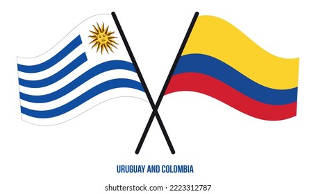 Uruguay and Colombia Flags Crossed And Waving Flat Style. Official Proportion. Correct Colors.