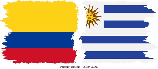 Conexión de banderas grunge de Uruguay y Colombia, Vector