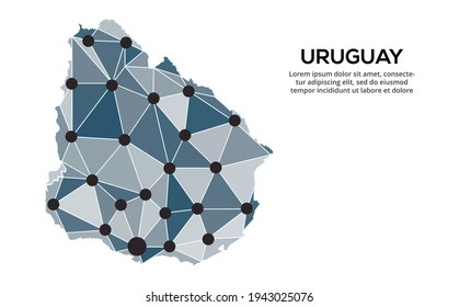 Uruguay communication network map. Vector image of a low poly global map with city lights. Map in the form of triangles and dots