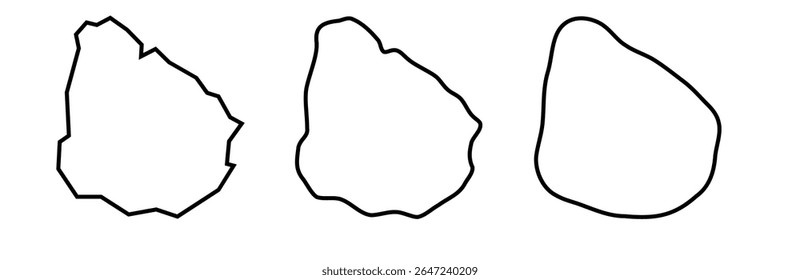As silhuetas do contorno preto do país uruguaio em três diferentes níveis de suavidade. Mapas simplificados. Ícones de vetor isolados no plano de fundo branco.
