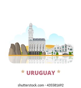 Uruguay country design template. Flat cartoon style historic sight showplace web site vector illustration. World vacation travel South America collection. Palacio Salvo in Montevideo La Mano Statue.