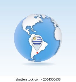 Uruguay - country map and flag located on globe, world map. 3D Vector illustration