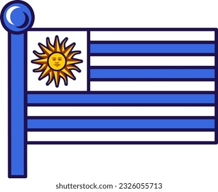 Bandera nacional del Uruguay en el vector de asta. Rayas horizontales de azul y blanco, sol de mayo en el centro del lienzo. Ilustración de dibujos animados simbólicos patrióticos de la república oriental