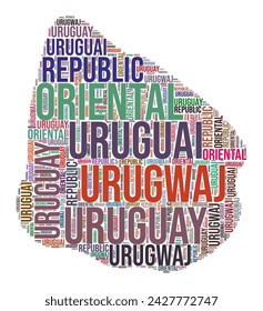 Uruguay country shape word cloud. Typography style country illustration. Uruguay image in text cloud style. Vector illustration.
