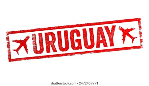 Uruguay - is a country in South America, it shares borders with Argentina to its west and southwest and Brazil to its north and northeast, text emblem stamp with airplane