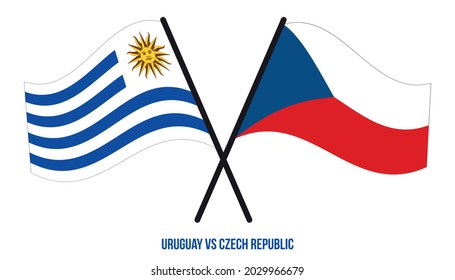 Uruguay and Czech Republic Flags Crossed And Waving Flat Style. Official Proportion. Correct Colors.