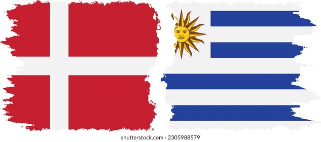 Uruguay and Denmark grunge flags connection, vector