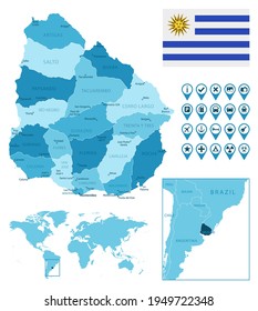 Uruguay detailed administrative blue map with country flag and location on the world map.
