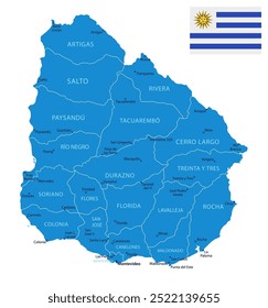 Uruguai - detalhado mapa azul do país com cidades e regiões. Ilustração vetorial.