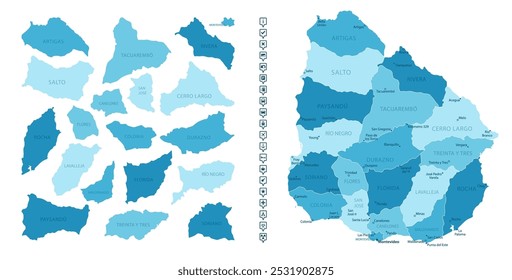 Uruguay - mapa detallado del país en colores azules, dividido en regiones. Iconos infográficos. Ilustración vectorial.