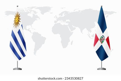 Uruguay and Dominican flags for official meeting against background of world map.