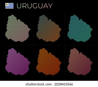 Juego de mapas punteados de Uruguay. Mapa de Uruguay con estilo punteado. Las fronteras del país están llenas de hermosos círculos de gradientes lisos. Ilustración vectorial radiante.
