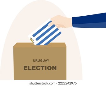 Uruguay election and vote concept, political selection, man hand and ballot box, democracy and human rights idea, election day, vector asset with Uruguay flag