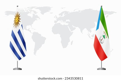 Uruguay and Equatorial Guinea flags for official meeting against background of world map.