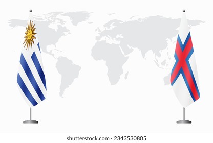 Uruguay and Faroe Islands flags for official meeting against background of world map.